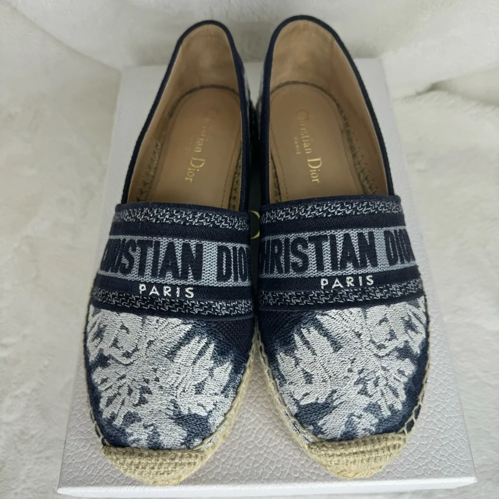 Dior Granville Tie Dye Denim Blue White Logo Embroidered Espadrille
